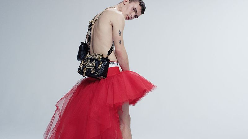 Model wearing a Moschino Biker Bag at the hip in a fashion campaign.